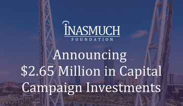 A photo of an OKC skyline with a purple overlay and text that says, "Announcing $2.65 Million in Capital Campaign Investments" 